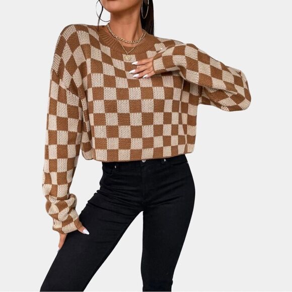 Checkered Pattern Drop Shoulder Sweater - Picture 4 of 7